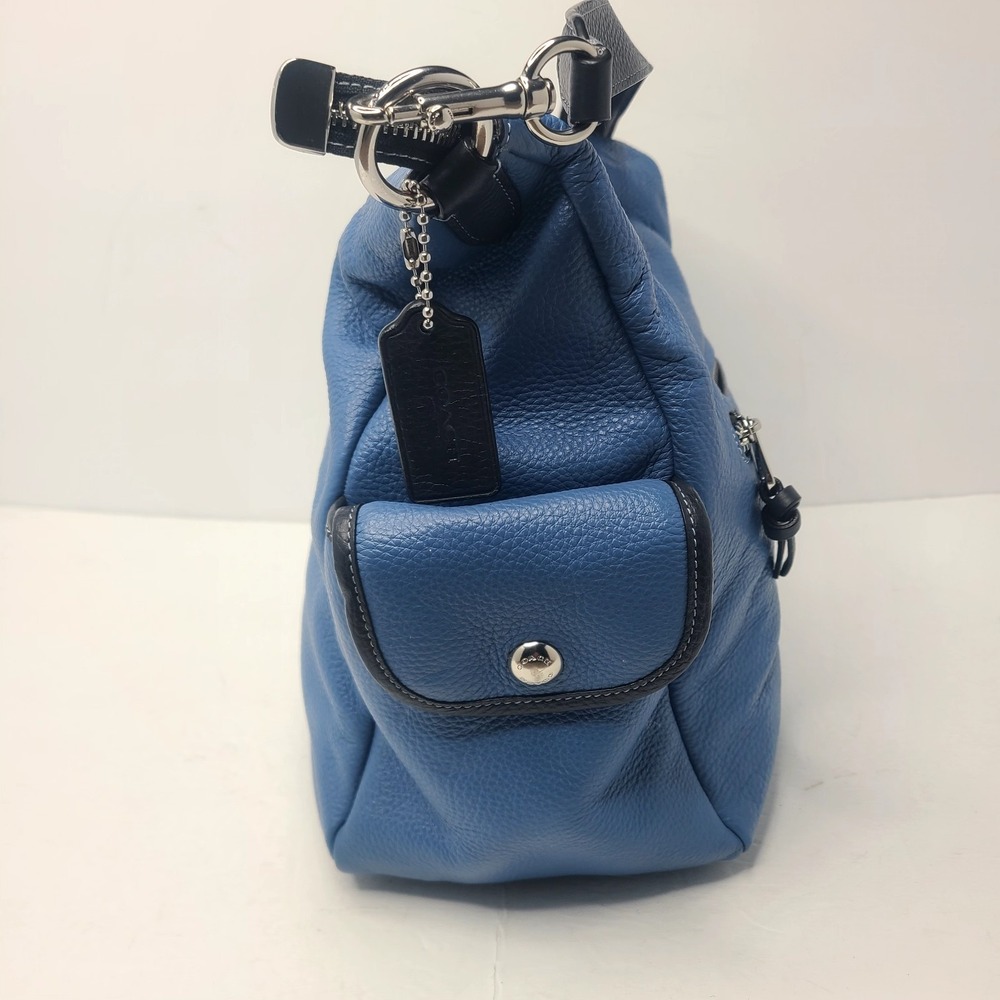 Coach Pennie Pebbled Leather Sky Blue Blk Trim Shoulder Handbag Purse Rare Color - Picture 4 of 11
